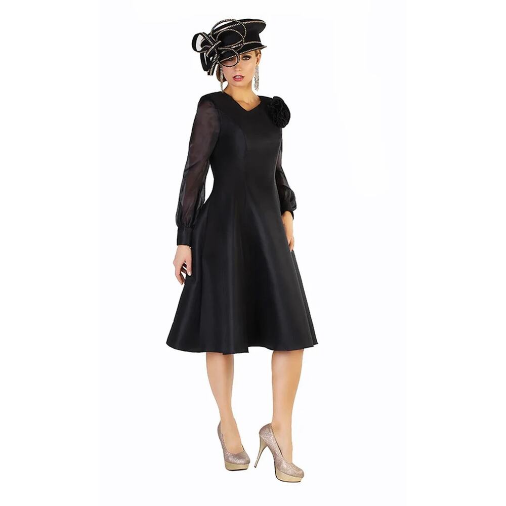 Tally Taylor Elegant Black Dress Sheer Sleeves & Floral Accent Church Cocktail 6